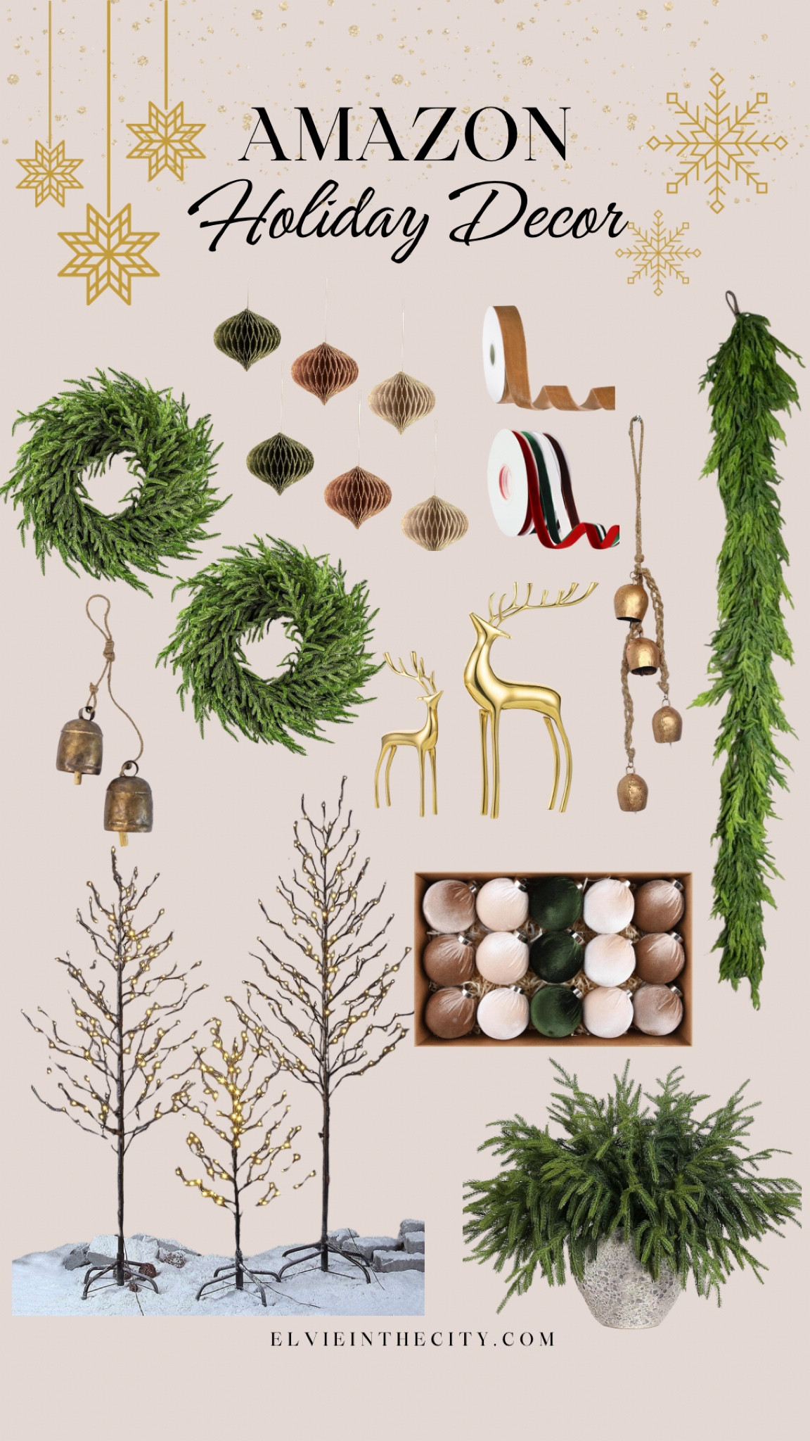 Amazon holiday decor includes a set of two wreaths, honeycomb lantern ornaments, velvet ribbon, gold bells, Norfolk pine garland, a set of two gold reindeer, a set of three led trees, a box of velvet ornaments, and Norfolk pine branches.

Christmas decor, holiday decorations, home decor

#LTKStyleTip #LTKHome #LTKHoliday