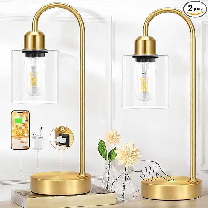 Industrial Gold Table Lamps Set - 3 Way Dimmable Touch Desk Lamps Set of 2 with USB C+A Ports, Ni... | Amazon (US)