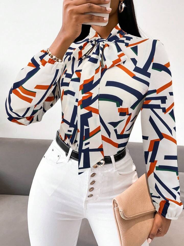 SHEIN Slayr Allover Print Tie Neck Lantern Sleeve Blouse | SHEIN