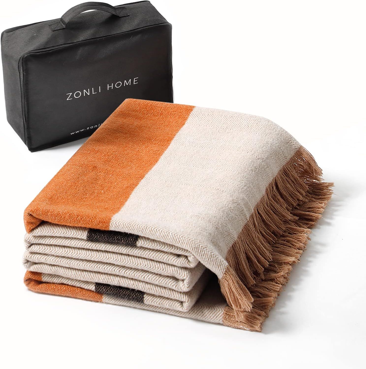 ZonLi Herringbone Striped Wool Blanket with Fringe, 60"x80" Large Warm Washable Wool Throw Blanke... | Amazon (US)