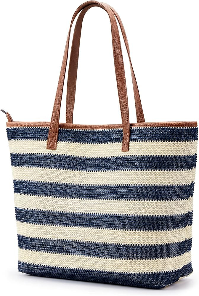 KALIDI Straw Tote Beach Bag Striped Shoulder Handbag Stitch Woven PU Leather Handle Zippe Travel ... | Amazon (US)