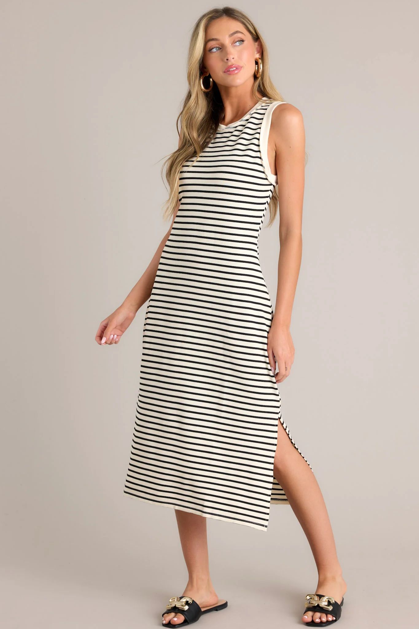 Classic Contrast Ivory Stripe Midi Dress | Red Dress