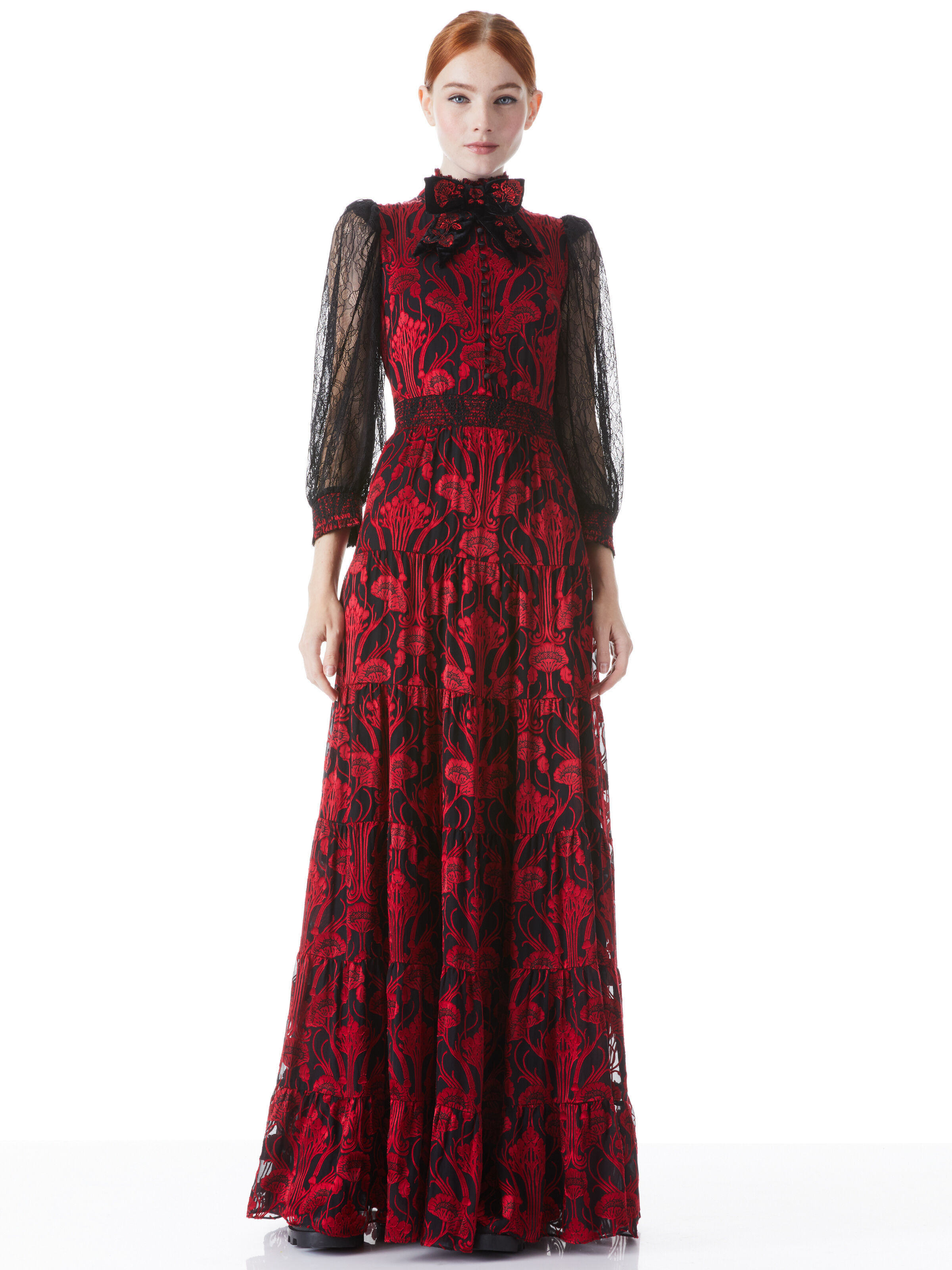 alice + olivia COLETTA EMBROIDERED BOW FRONT BUTTON MAXI DRESS | Alice + Olivia