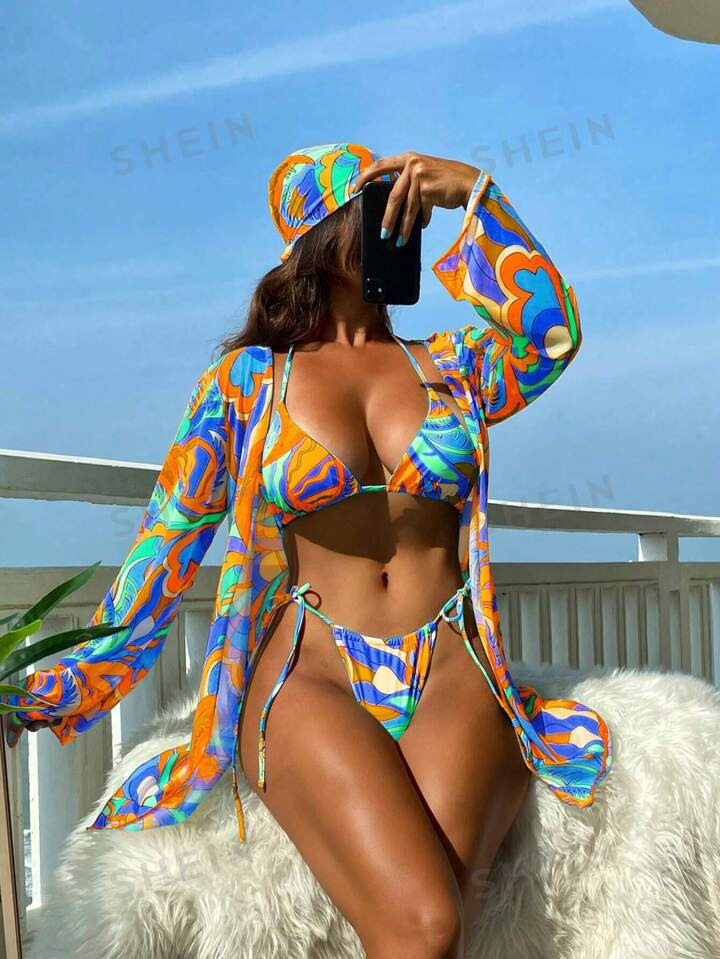 SHEIN Swim Vcay Summer Beach Allover Print Halter Triangle Bikini Set With Kimono | SHEIN | SHEIN