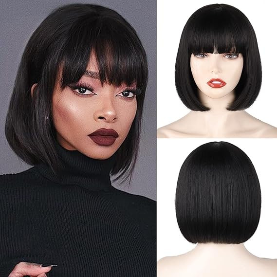 WERD Black Short Bob Wig,Straight Black Bob Wig with bangs, 10 inch Straight Bob Bangs Wig for Wo... | Amazon (US)