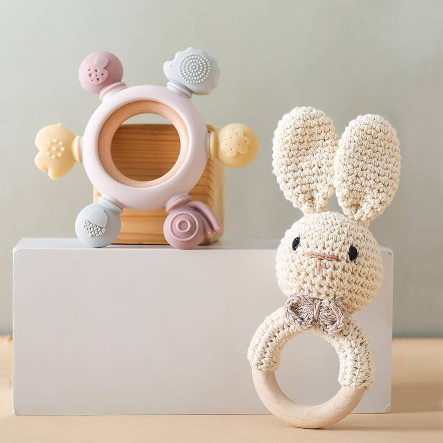 Wooden Baby Rattle Crochet Bunny and Ring Teether Set | Handmade Crochet Rattle Newborn Toy with ... | Amazon (US)