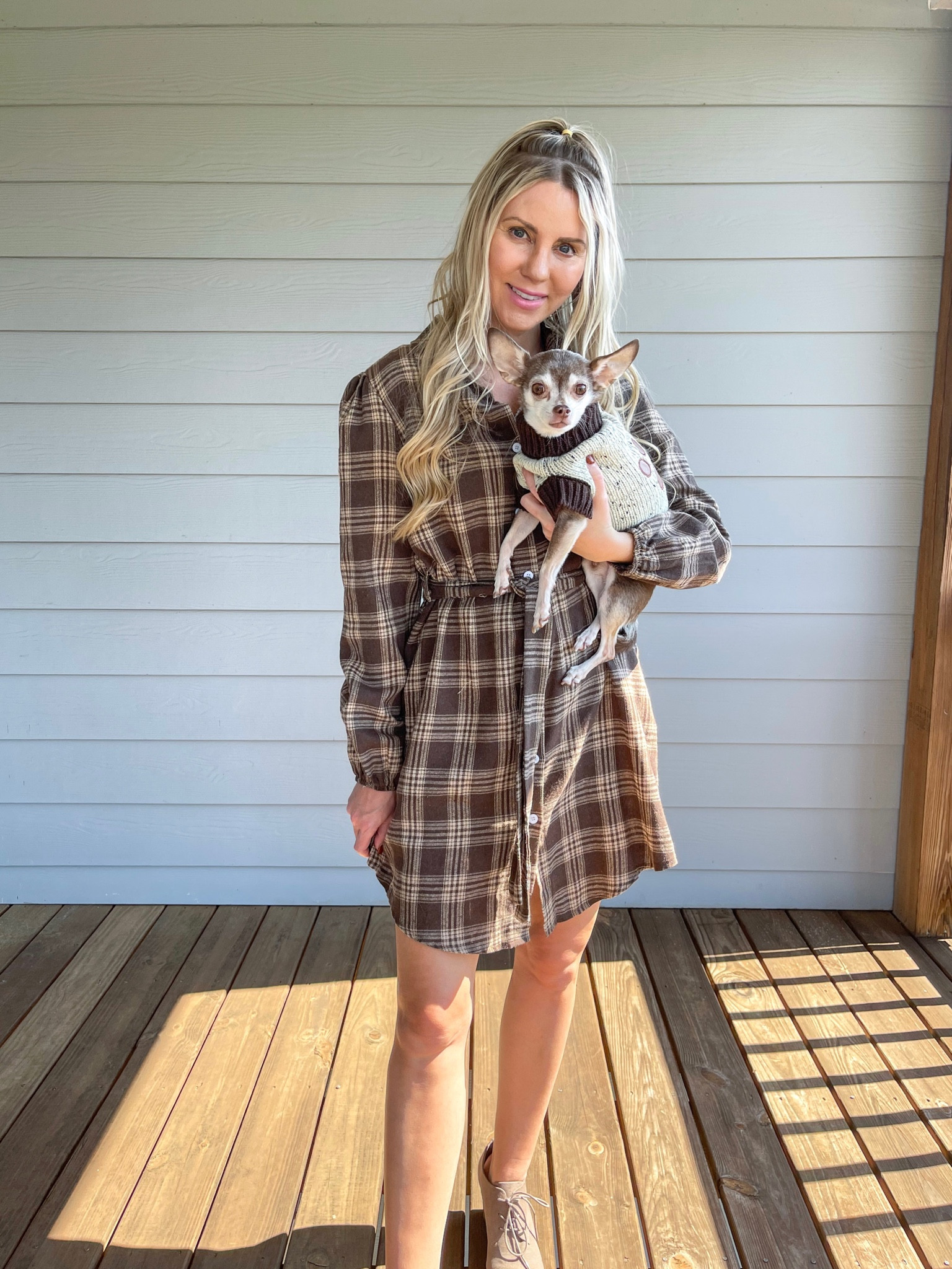 Plaid shirt dress, dog sweater, neutral style, Shein 

#LTKSeasonal #LTKunder50 #LTKstyletip