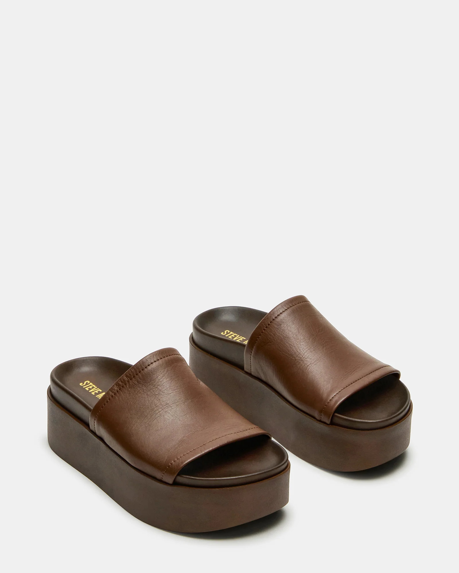 ARWEN Brown Leather Women's Platform Footbed Slide Chunky Sandal | Steve Madden (US)