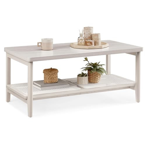VASAGLE 2-Tier Coffee Table for Living Room, Living Room Table Rectangular Center Table, with PVC Rattan Storage Shelf, Rounded Corners, Easy Assembly, Boho Style, Oatmeal Beige ULCT240K66 | Amazon (US)