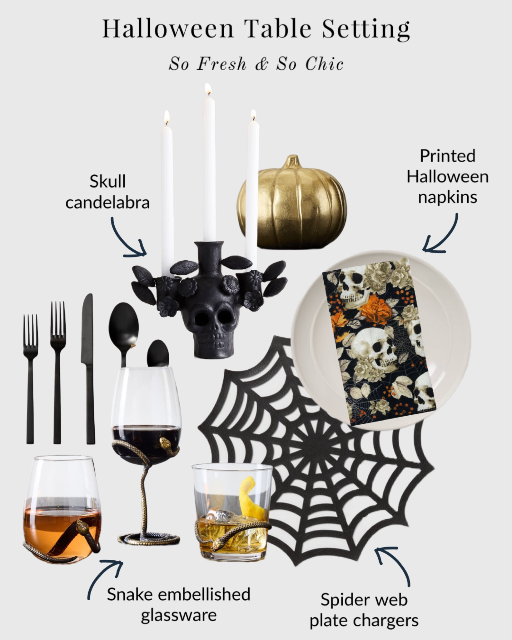 Halloween dinner table setting!
-
Etsy - West Elm - Target - leather spider web charger - spider web place mat - minimalist Halloween decor - black and gold Halloween dinner table setting - ceramic skull candle holder - black taper candles - printed skull Halloween napkins - snake embellished wine glass - stoneware dinner plates - gold pumpkin decor - black flatware - modern Halloween - Halloween party decor - table decor  

#LTKunder100 #LTKhome #LTKHalloween