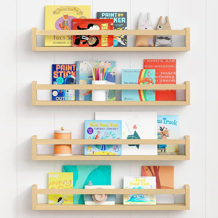 Forbena Natural Wood Nursery Bookshelves for Wall, 24 Inches Long Floating Book Shelves, Wall Mou... | Amazon (US)
