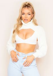 Ruth Cream Extreme Crop Roll Neck Knitted Sleeve Top | Missy Empire | Missy Empire (UK)