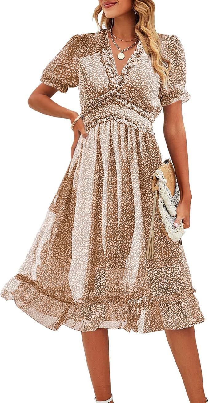 TECREW Womens Summer Boho Floral V Neck Ruffle Short Sleeve Midi Dress Flowy Chiffon Dress | Amazon (US)