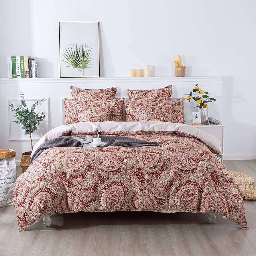 FADFAY Paisley Duvet Cover Set Queen Red and Beige Reversible Paisley Floral Bedding 100% Cotton ... | Amazon (US)