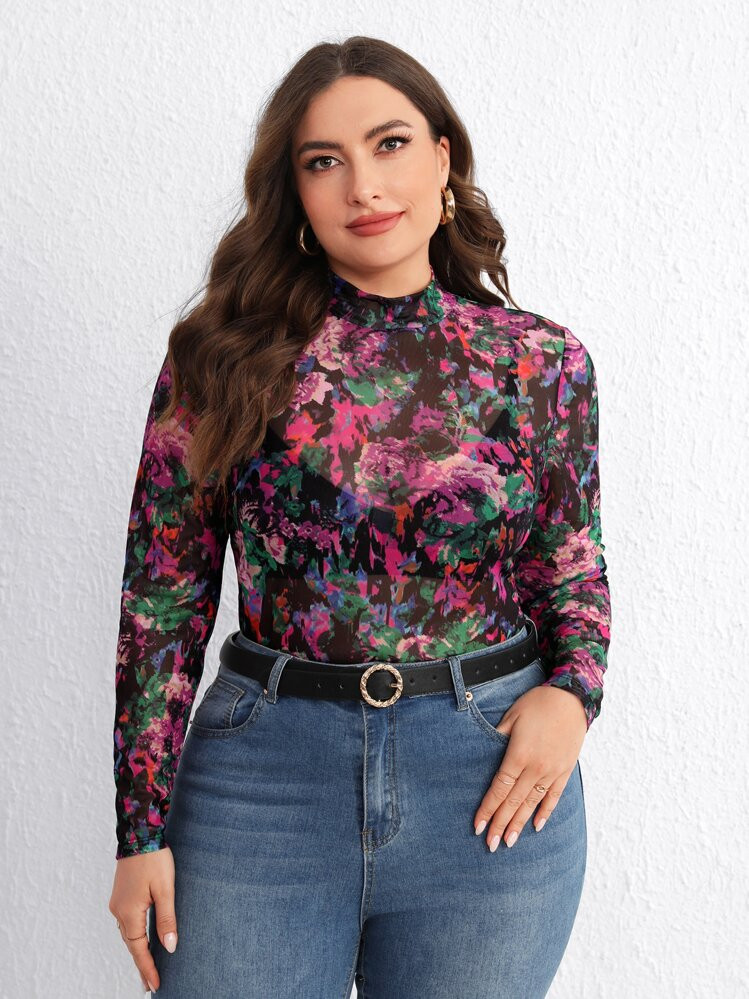 SHEIN Privé Plus Floral Print Mock Neck Mesh Top Without Bra | SHEIN