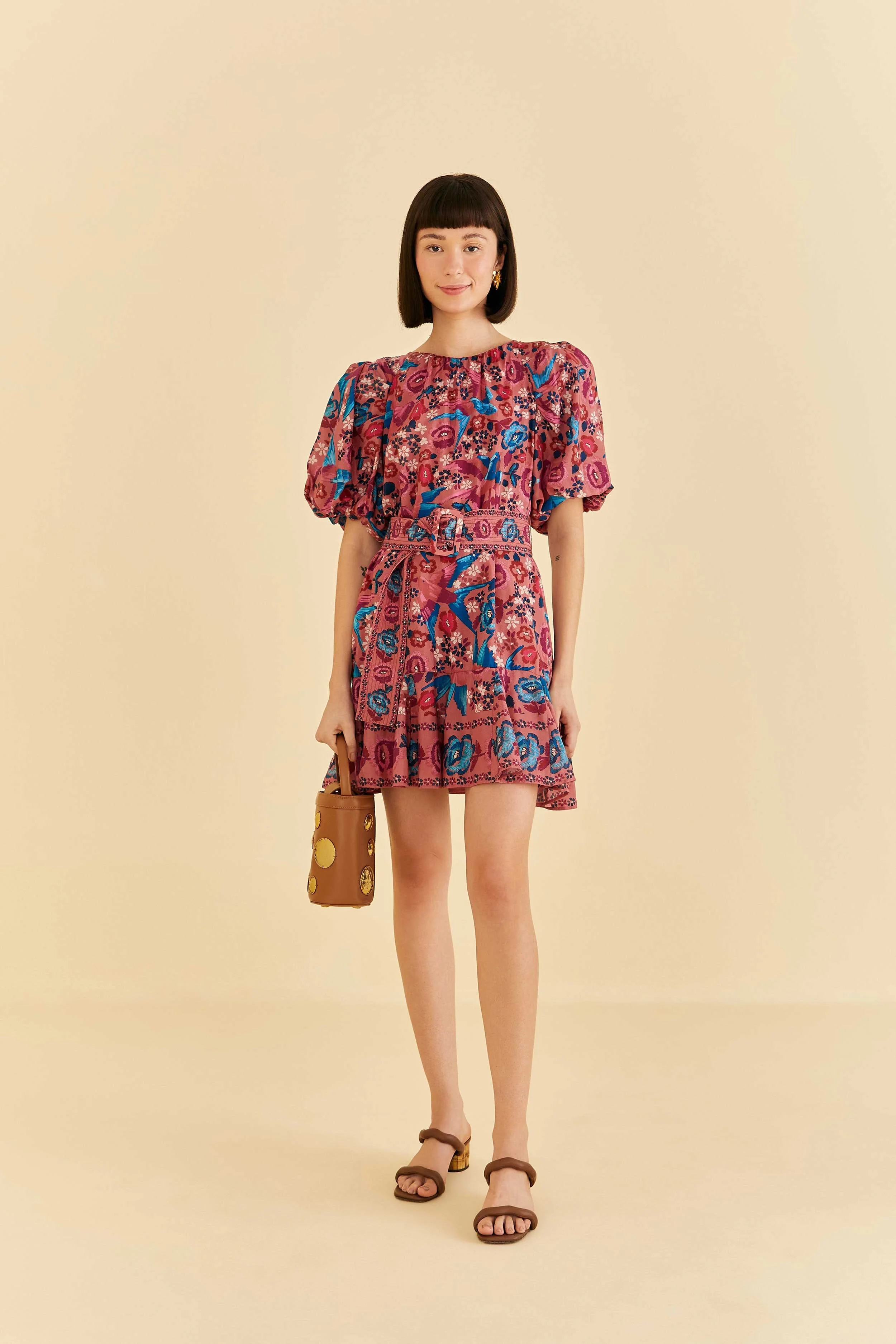 blush floral birds mini dress | FarmRio (US)