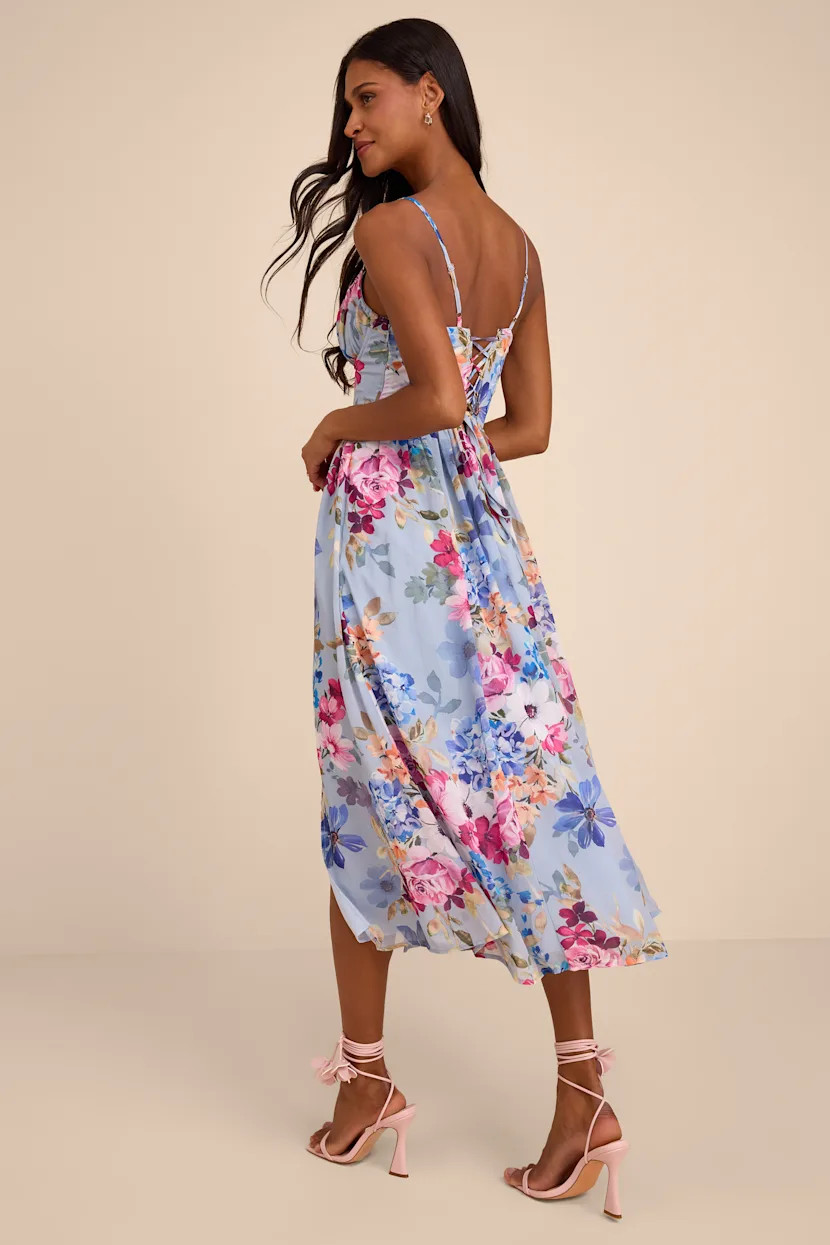 Alani Light Blue Multi Floral Lace-Up Midi Dress | Lulus