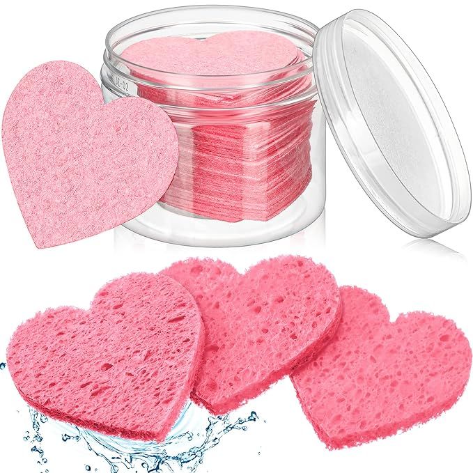 60 Pieces Facial Sponges with Container, Heart Shape Compressed Face Sponge Natural Sponge Pads f... | Amazon (US)