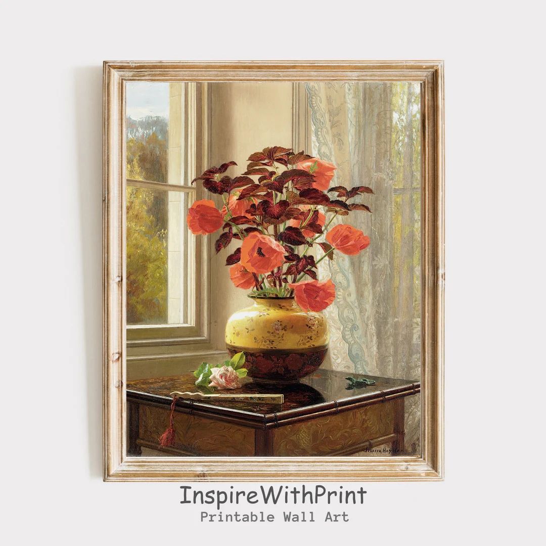 Vintage Red Poppy Flowers Painting, Digital Download Moody Red Flower Still Life Print, Artful Sp... | Etsy (US)