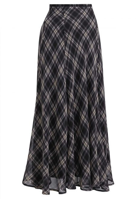Flowy Plaid Panel Chiffon Flare Maxi Skirt in Black | Chicwish