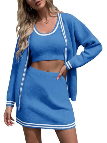 Fisoew Womens Sweater Sets Knit 3 Piece Casual Long Sleeve Button Cardigan High Waisted A Line Skirts Workout Lounge Set | Amazon (US)
