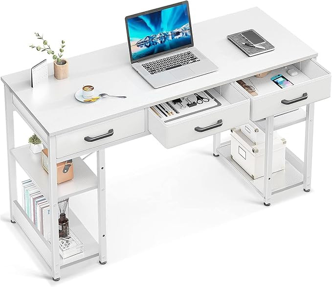 ODK Office Small Computer Desk: Home Table with Fabric Drawers & Storage Shelves, Modern Writing ... | Amazon (US)