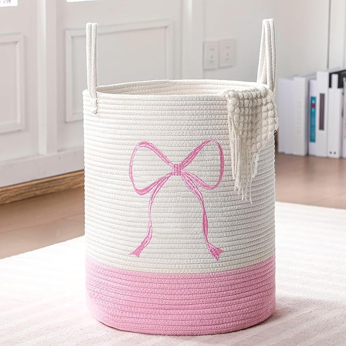 Honeydak Pink Laundry Basket Bow Hamper Coquette Laundry Basket Cotton Rope Pink Hamper 15 x 17.7... | Amazon (US)
