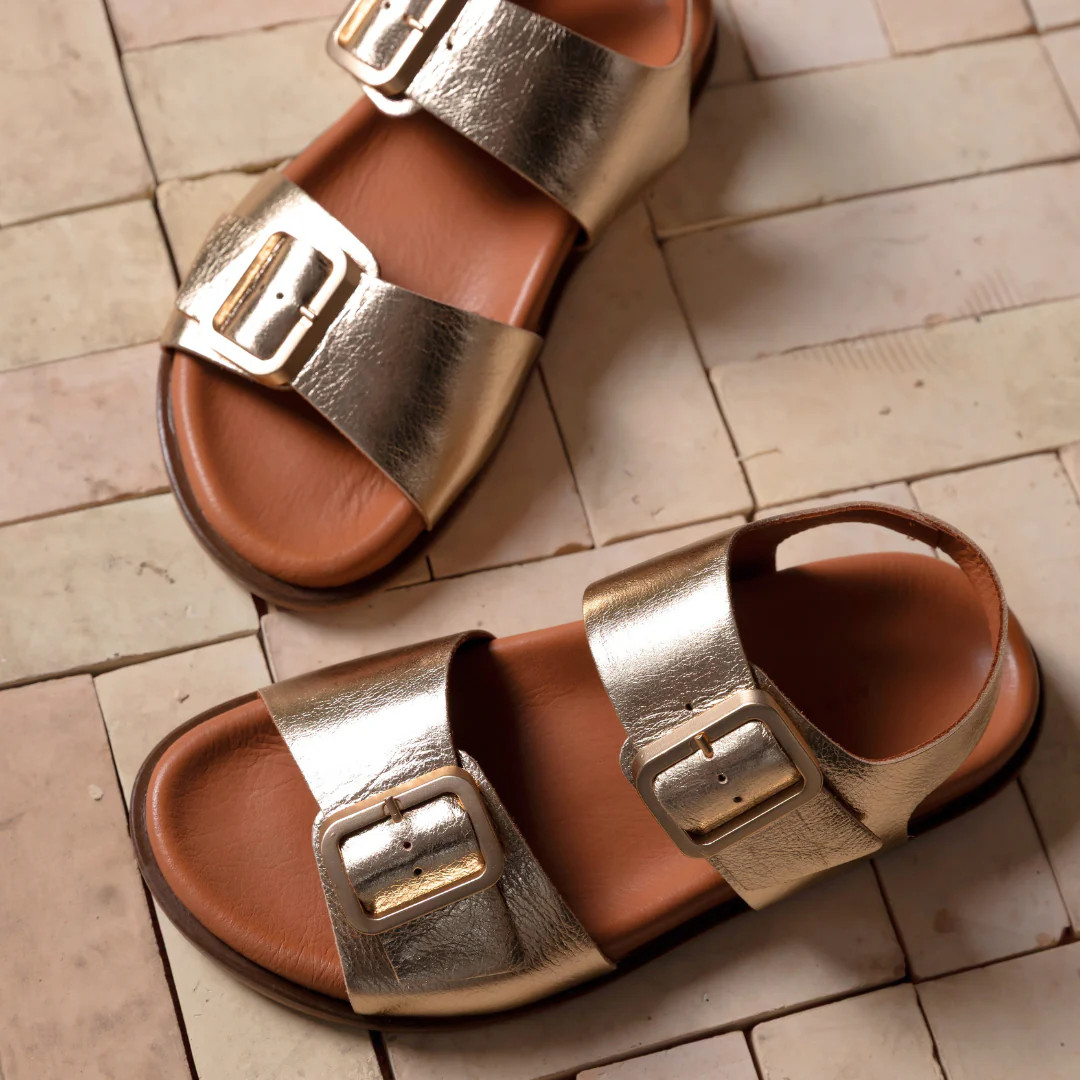 Gala Two Bar Back Strap Sandals: Gold Leather | Air & Grace