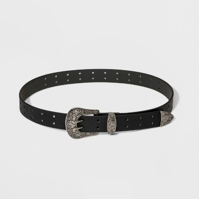 Women's Double Perf Western Belt - Wild Fable™ Black L: Adjustable Strap, Solid Pattern, Bonded Leather, Buckle Closure | Target