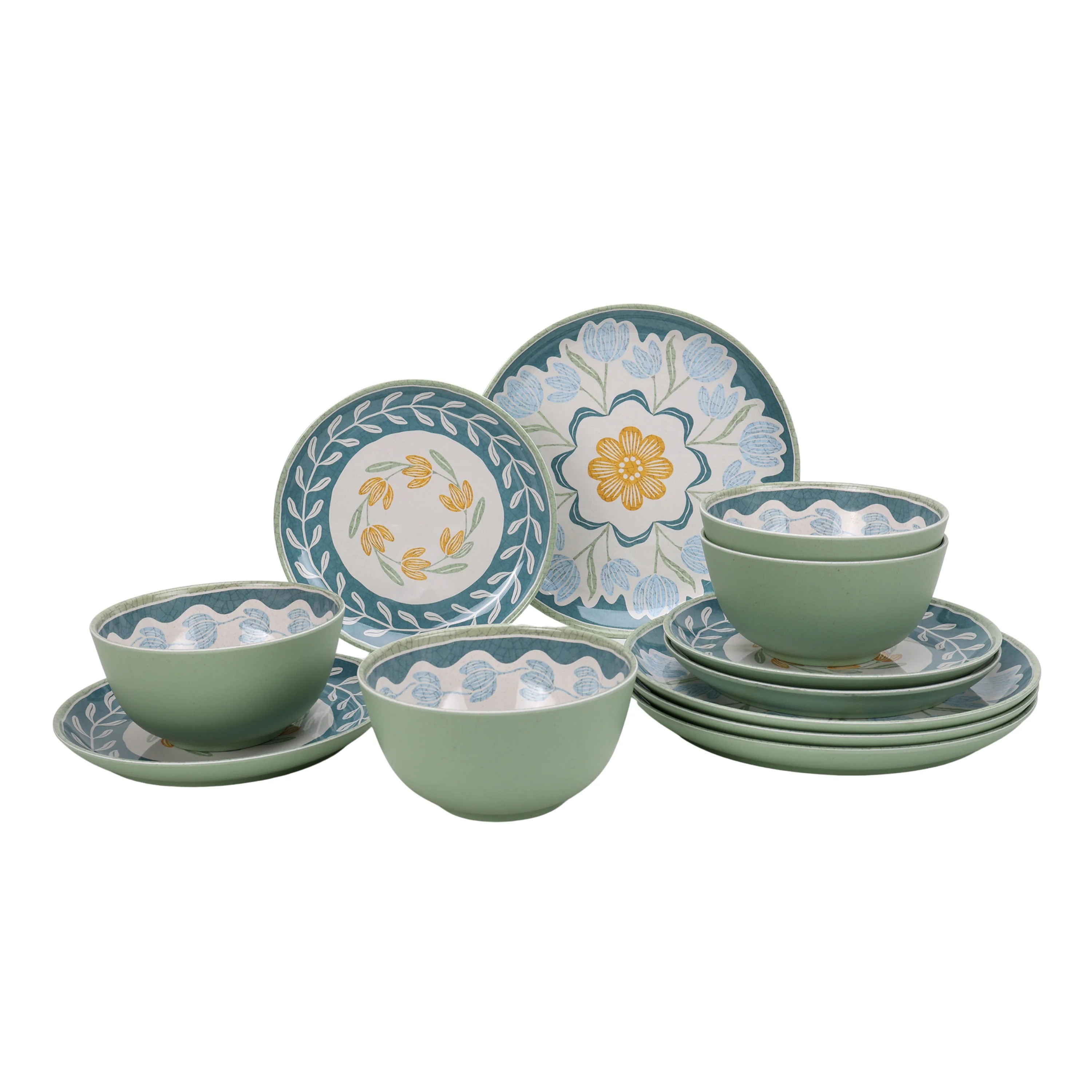 Better Homes & Gardens 12 Piece Bamboo Melamine Green Floral Dinnerware Set | Walmart (US)