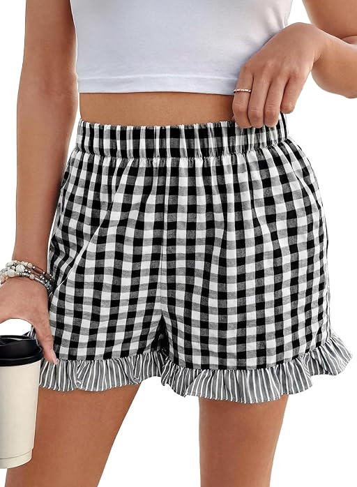 EVALESS Gingham Shorts Womens Ruffle Boxer Shorts Cute Sleep Pajama Bottoms | Amazon (US)