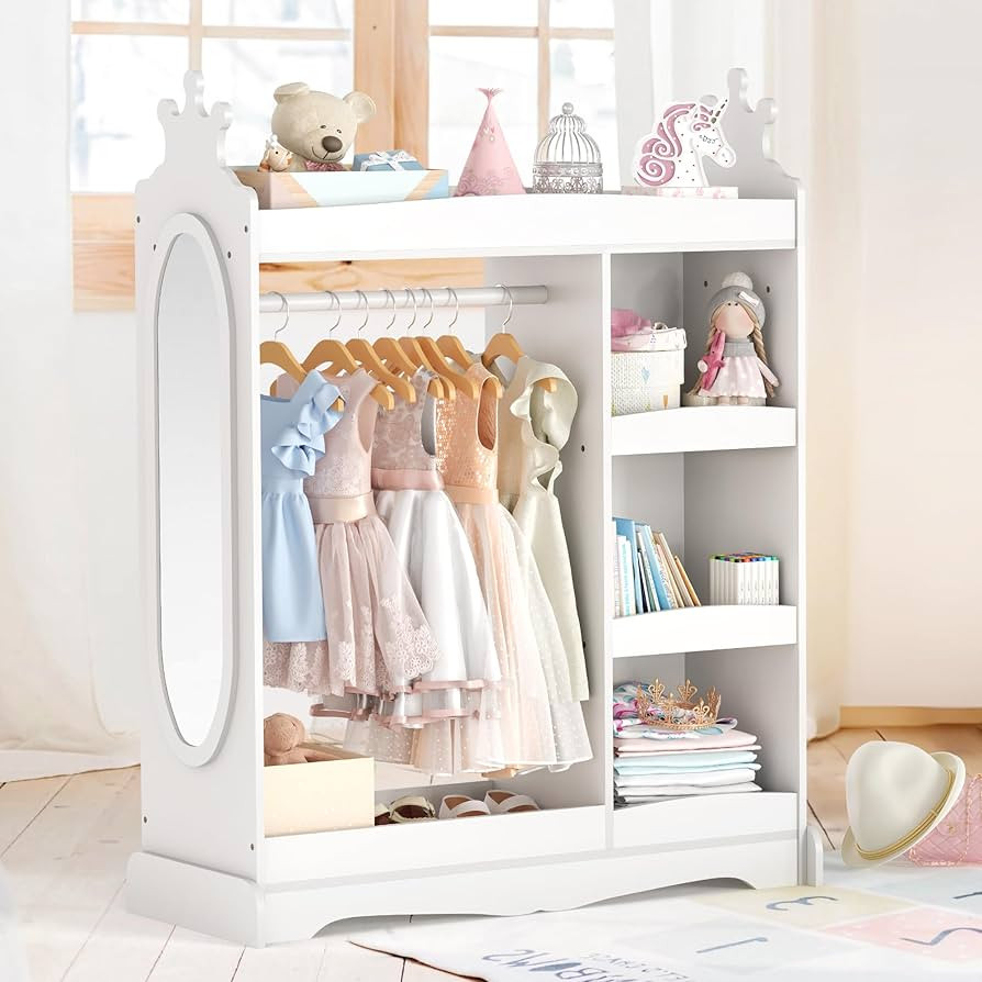 Kids Dress up Storage with Mirror, Kids Wardrobe with 3 Hooks, Kids Closet for Girls Boys, Kids A... | Amazon (US)