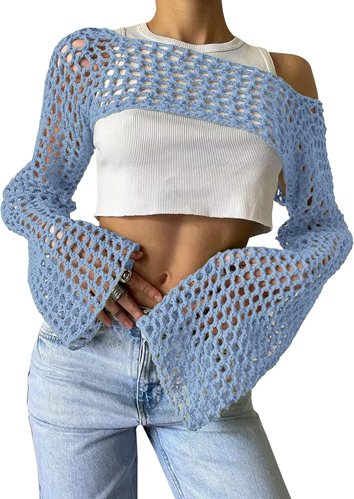 Lauweion Women's Sexy Hollow Out Crochet Knitted Crop Top Grunge Y2K Fit Backless Long Flare Slee... | Amazon (US)