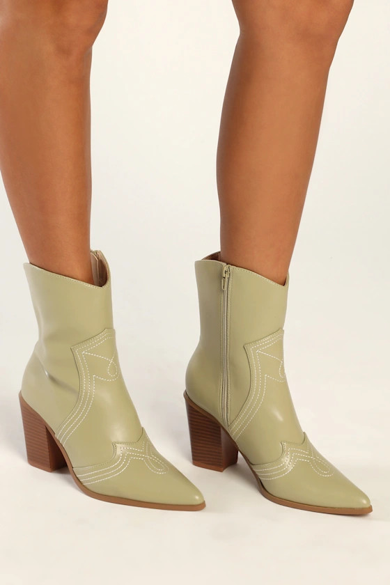 Gladley Sage Green Pointed-Toe Mid-Calf Western Boots | Lulus (US)