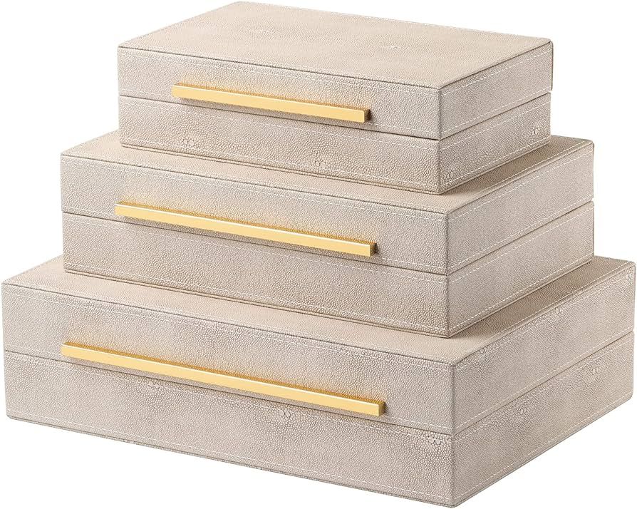 Ivory Shagreen Box Leather set of 3 Large Modern Decorative Nesting Jewelry Boxes, Stackable Deco... | Amazon (US)