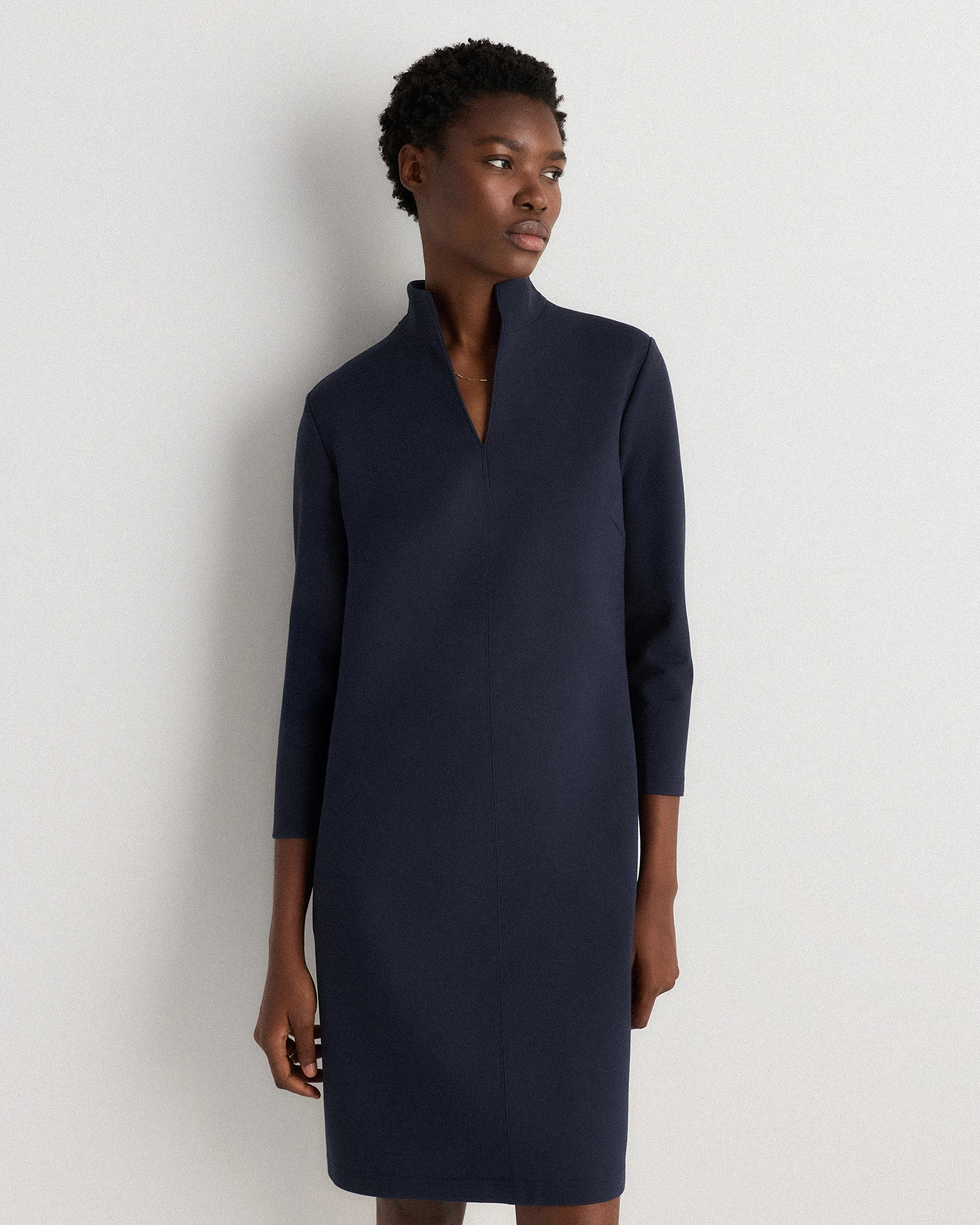 Quince | Women's Ultra-Stretch Ponte Split Neck Mini Dress in Navy, Size Large, Rayon | Quince