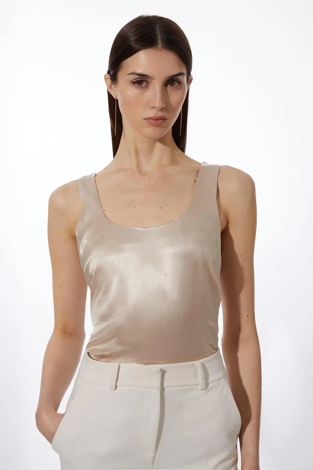 Oyster Forever Premium Viscose Satin Woven Cami Top | Karen Millen | Karen Millen