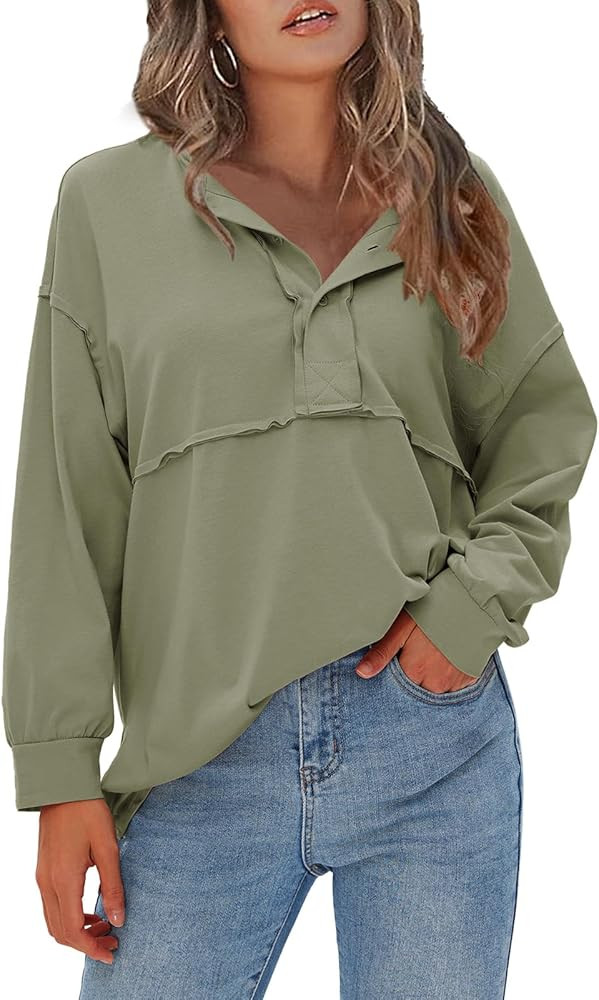 EXLURA Womens 2024 Fall Fashion Long Sleeve Shirts Oversized Button Henley Neck Tunics Blouses Ca... | Amazon (US)