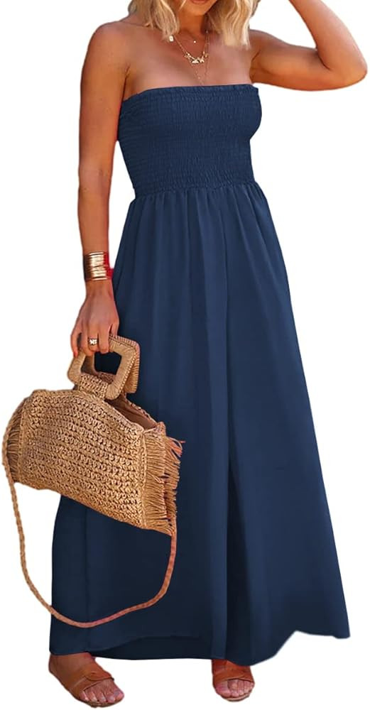 Hongqizo Womens Sleeveless Strapless Wide Leg Jumpsuits Summer Casual Loose Smocked Chiffon Jumps... | Amazon (US)