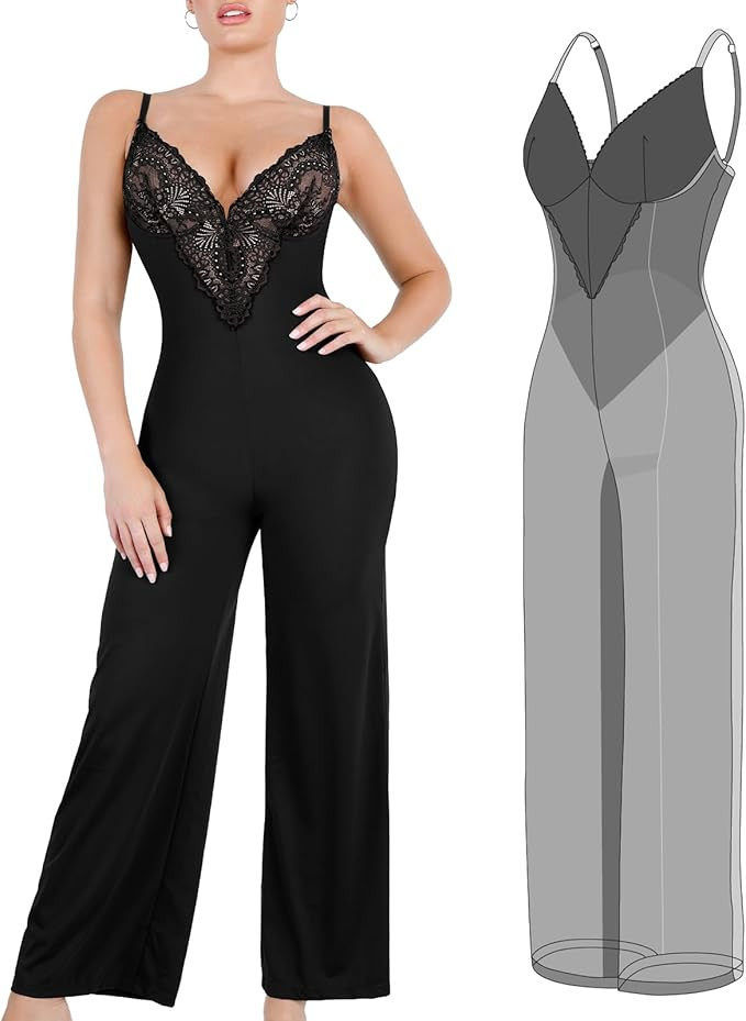 Popilush Lace Shapewear Jumpsuit for Women Built In Shapewear Backless V Neck Flare leggings Spag... | Amazon (US)