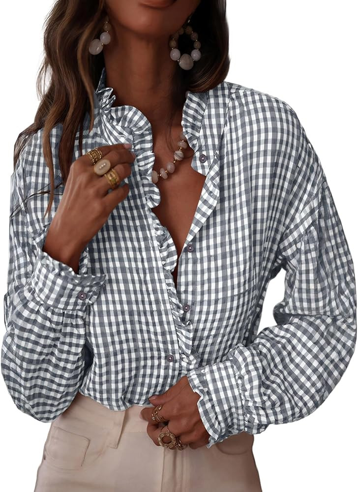 Astylish Womens Plaid Ruffle V Neck Button Down Blouse Casual Long Sleeve Gingham Trendy Tops Wor... | Amazon (US)