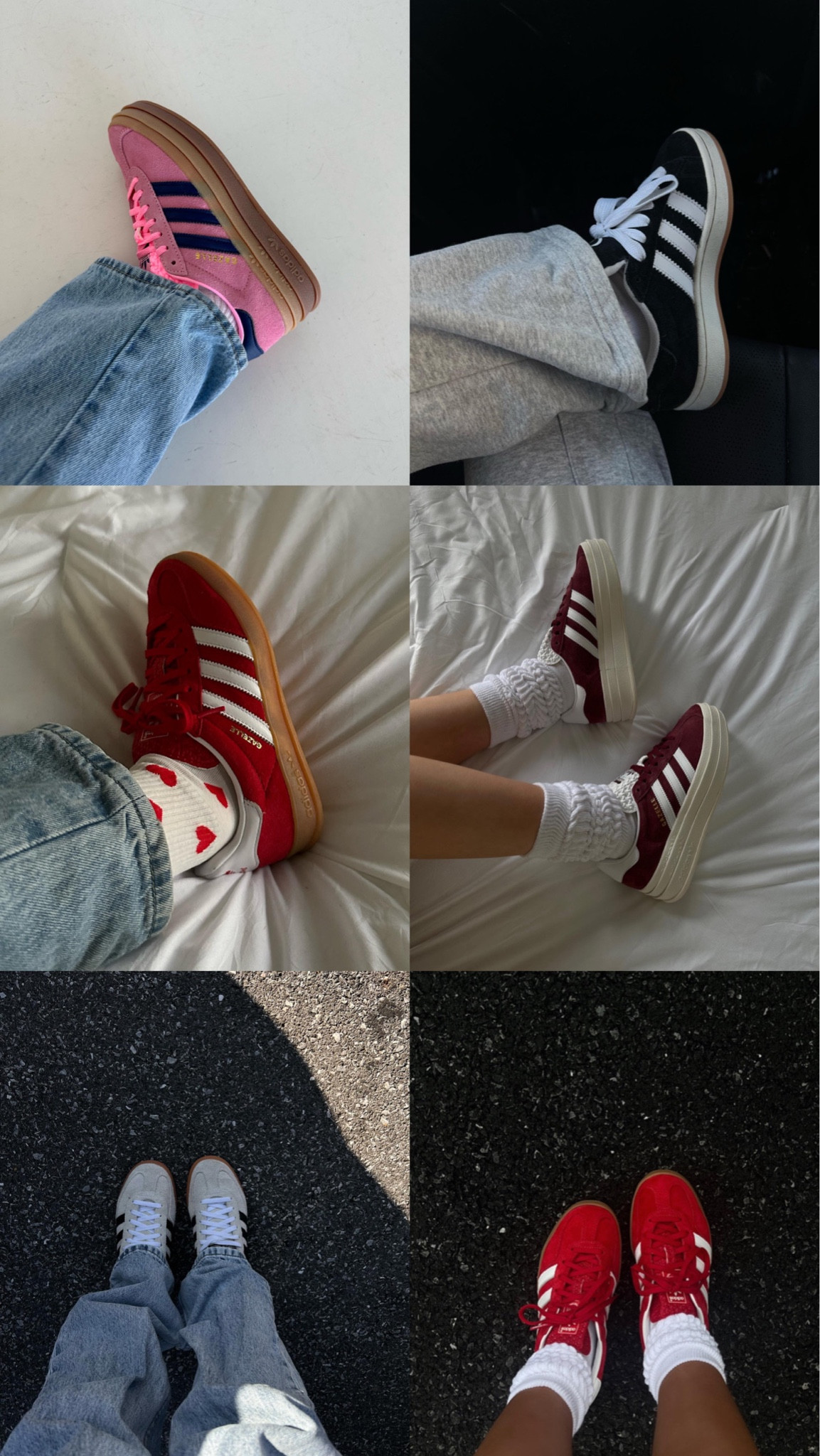 current sneakers I’ve been loving! size down in the adidas gazelle bolds, they run large! wearing my tts in the others! 🎀