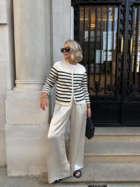 Black & white chic spring outfit - striped cardigan with gold buttons, white cos clean cut t shirt, arket silk trousers, ego Valerie black chunky strappy sandals, black top handle handbag, celine black triomphe sunglassess

#LTKspring #LTKuk #LTKstyletip