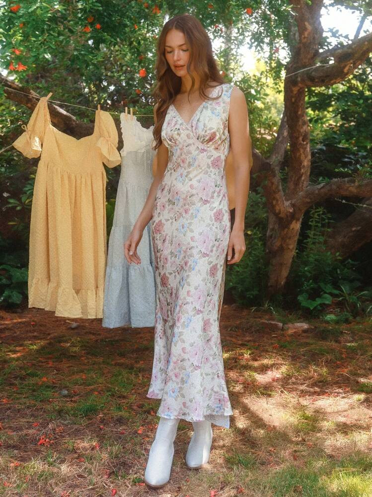 WESTFADE Floral Printed Satin & Lace V Neck Bow Tie Backless Long Dress | SHEIN