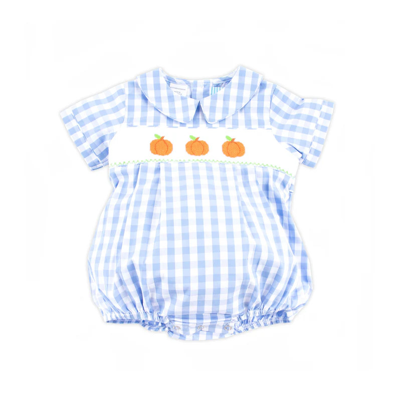 Pumpkin Smocked Light Blue Check Collared Bubble | Classic Whimsy