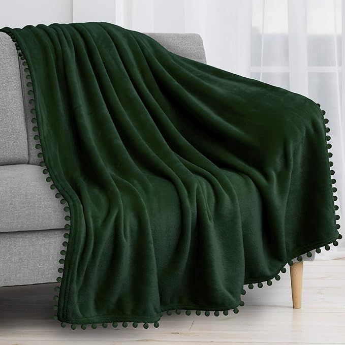PAVILIA Pom Pom Blanket Throw, Emerald Green Dark | Soft Fleece Pompom Fringe Blanket for Couch B... | Amazon (US)