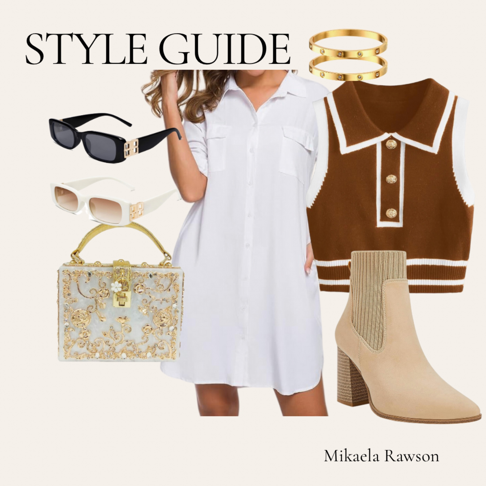STYLE GUIDE - white button down shirt dress. Brown classy sweater vest. Tan ankle boots. Gold and white purse. White and black sunglasses. Gold cartier bracelet dupe  

#LTKxPrime #LTKHolidaySale #LTKSeasonal