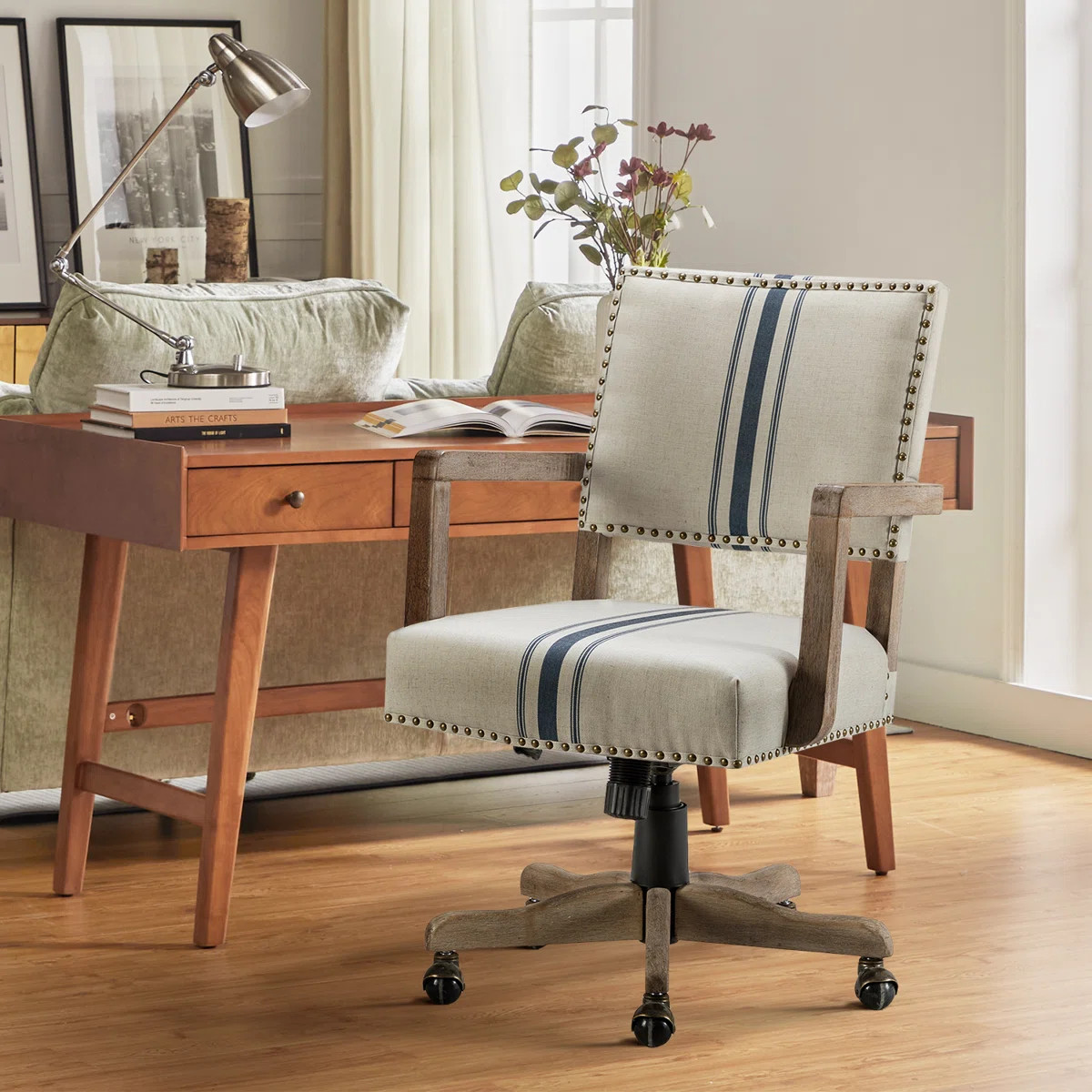 Bromley Farmhouse 24" W Linen Task Chair with Solid Wood Arm and Nailhead Trim | Wayfair North America