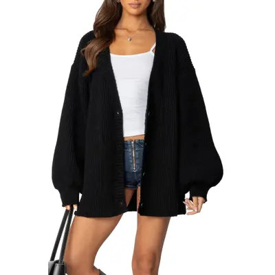EDIKTED Mathilde Oversize V-Neck Blouson Cardigan in Black at Nordstrom, Size X-Large | Nordstrom