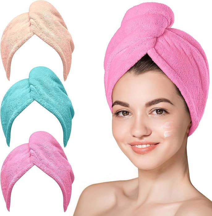 Hicober Microfiber Hair Towel, 3 Packs Hair Turbans for Wet Hair, Drying Hair Wrap Towels for Cur... | Amazon (US)